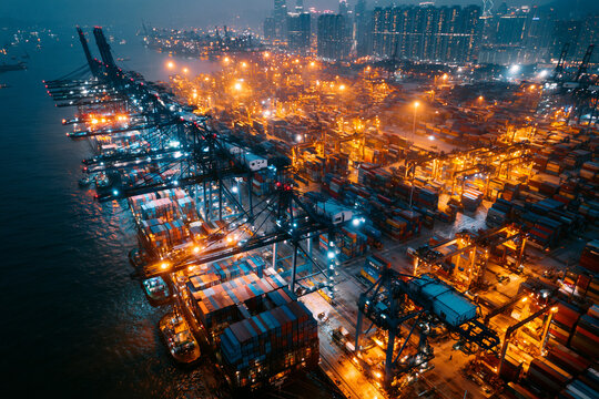 Aerial View of Busy Container Port Terminal at Night