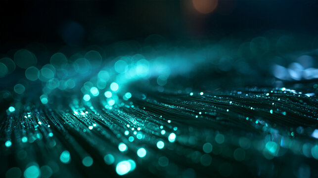 Fiber Optic Cables Glowing with Cyan Light