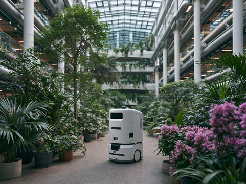 Autonomous Service Robot Navigating Modern Green Office Atrium
