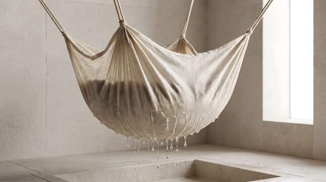 Hanging woven hammock structure displayed in a minimalist room with textile art decorative netting interior decor fibrous texture handmade craft neutral interior bohemian sty