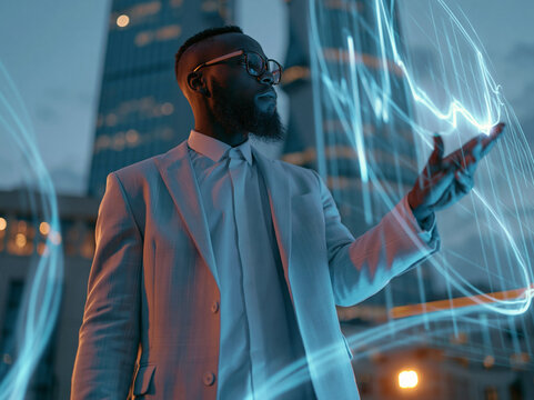 Businessman Analyzing Futuristic Financial Data Interface Outdoors