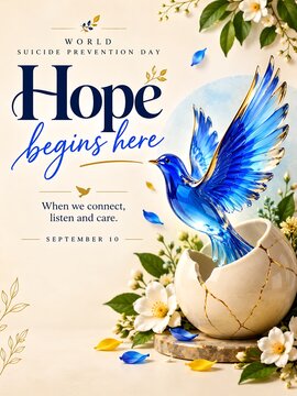 A vibrant blue hummingbird emerges from a cracked egg surrounded by beautiful spring flowers with inspirational hope begins here text