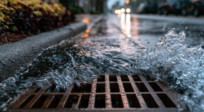 Water rushes into a storm drain on a wet street with blurry car lights