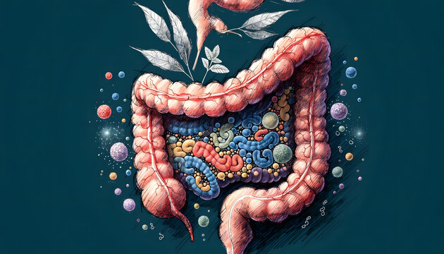 Gut microbiota ecosystem and human intestinal health. Microscopic bacterial balance and digestion. Intestine processing microbes and botanical nutrients