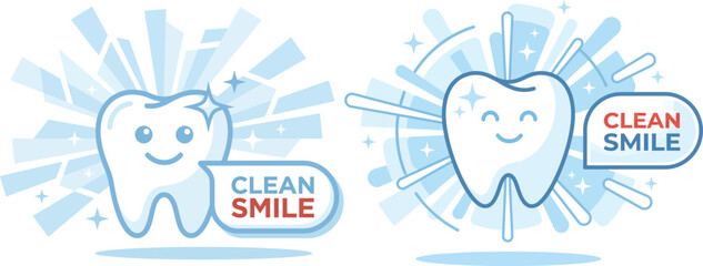 Fototapeta premium Cartoon tooth characters with sparkling clean smiles and speech bubbles