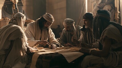 Fototapeta premium Ancient egyptian scholars and scribes studying papyrus scrolls in a dimly lit temple chamber