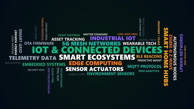IoT and connected devices word cloud motion graphics animation loop for technology presentation background