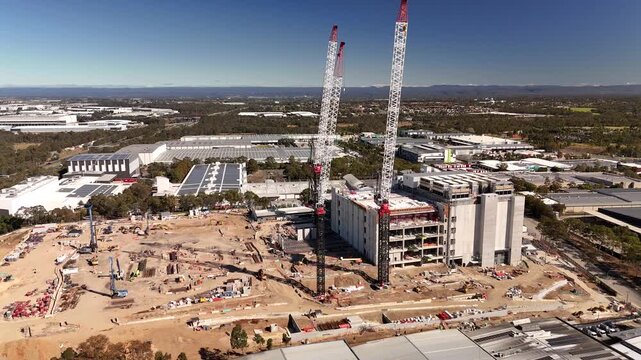 Aerial drone view of the construction site of a new data centre at Huntingwood, Western Sydney, NSW, Australia on a sunny day in September 2026   
