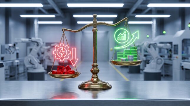 Golden balance scale displaying glowing neon icons of industrial energy consumption decrease versus economic growth and rising financial profit metrics