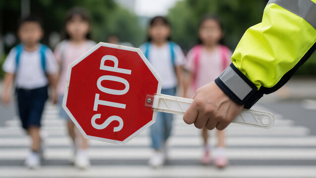 Crossing guard holding a red stop sign for safety. Blurred school children cross the pedestrian crosswalk on their way to school