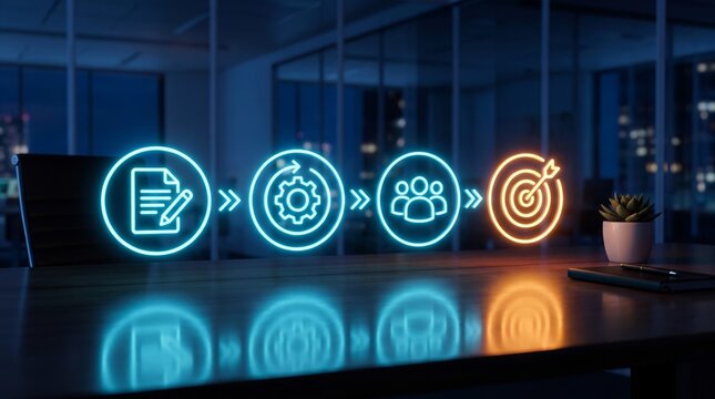 Glowing neon workflow icons depicting planning development teamwork and achievement goals displayed on a reflective dark wooden office conference table
