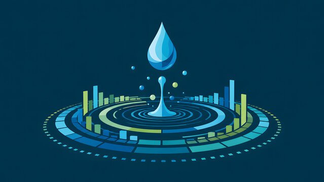 Flat vector illustration of a blue water drop splashing on a digital circular technology chart interface