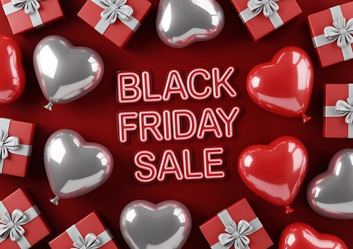 Black friday sale text surrounded by red and silver heart balloons and gift boxes on dark background