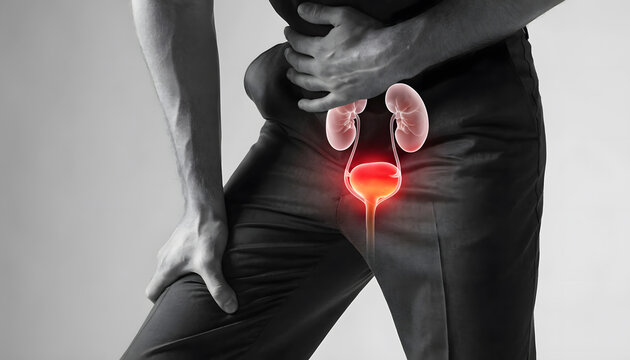 Male lower abdominal pain and urinary tract infection. Prostatitis symptoms and urology healthcare. Man clutching painful groin area with glowing bladder illustration