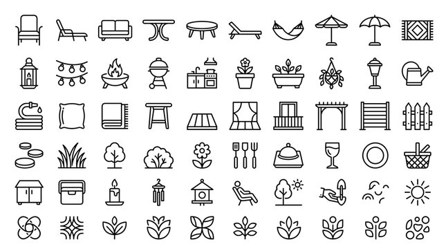 Modern Outdoor Patio Living Icon Collection with Garden Furniture Terrace Decor Barbecue Lighting Plants Recreation and Contemporary Home Accessories