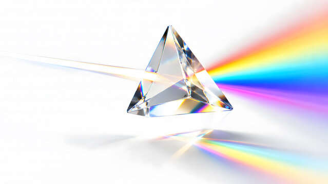 Light ray passing through a glass triangular prism and refracting into a colorful rainbow spectrum on a white background