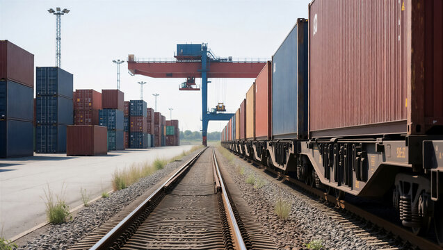 A freight train carries a shipping container along a railway track at a busy industrial port. A large gantry crane stands over the terminal yard