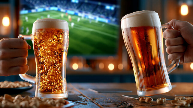 Two hands toasting with large glass mugs of beer in a pub