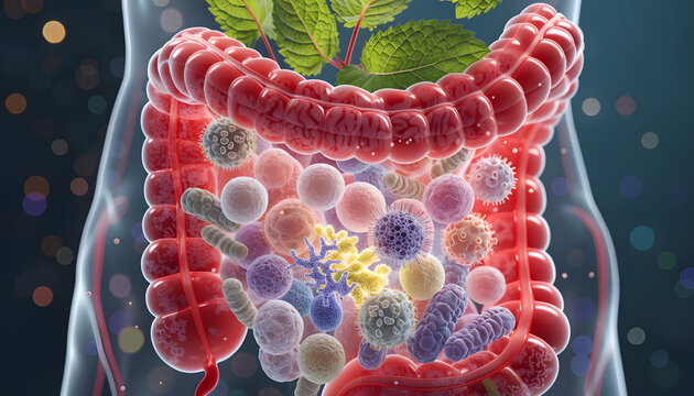 Gut microbiota ecosystem and microscopic bacterial cells. Digestive wellness and probiotic balance. Diverse bacteria multiplying inside human intestinal system