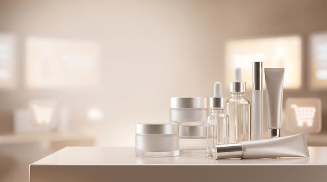 Elegant skincare product collection in generic luxury packaging on white surface with soft blurred background for beauty branding.