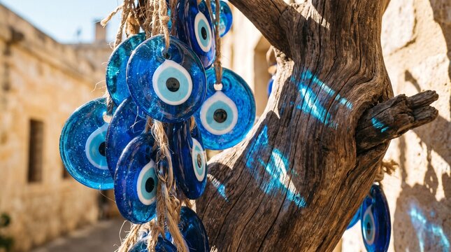 Traditional blue glass evil eye amulets hanging on rustic wooden tree branch under bright sunlight in Turkey