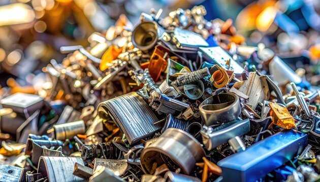 Pile of recycled scrap metal parts in junkyard.