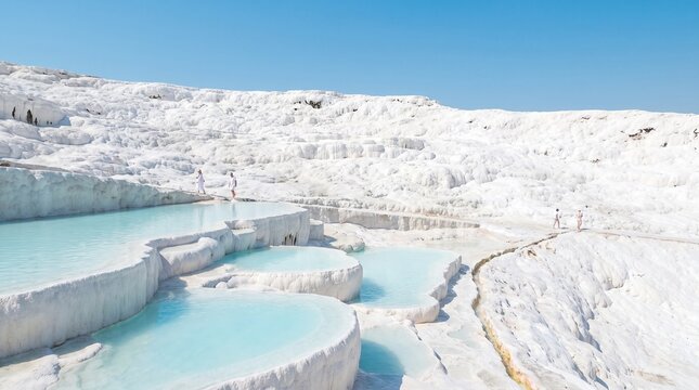 People walking along white travertine terraces and light blue thermal pools of Pamukkale under clear sky in Turkey