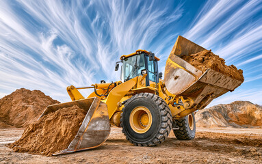 Fototapeta premium Yellow wheel loader scooping earth at construction site