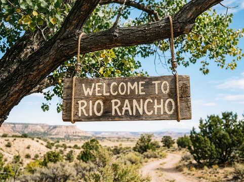 Rustic Welcome To Rio Rancho Sign Hanging From A Tree Branch