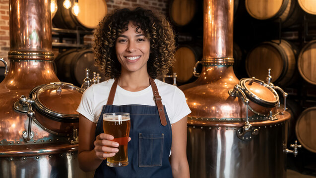 A smiling female brewer holding a fresh glass of craft beer in a microbrewery. Copper kettles and wooden barrels stand in the background