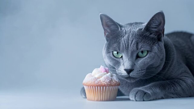 Gray Cat Beside Cupcake on Blue Background.