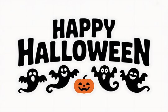Happy halloween text design with cute black ghosts and a small orange jack o lantern pumpkin illustration
