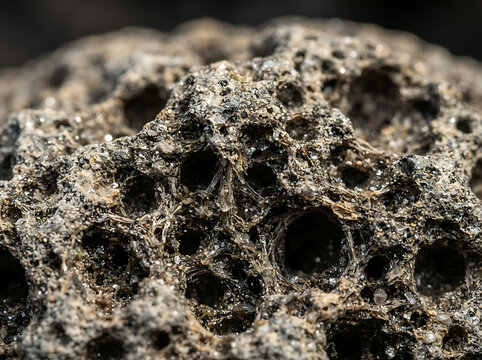 Close up shot of black porous scoria rock with rough texture and deep holes from volcanic activity for geological science and nature background