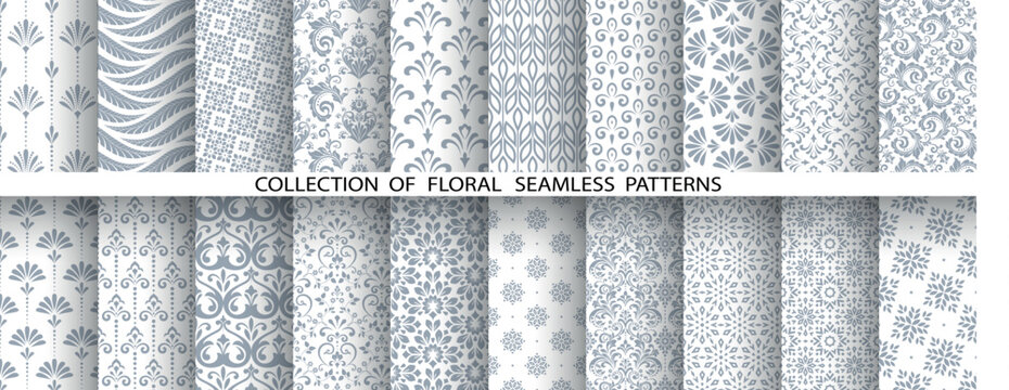 Geometric floral set of seamless patterns. White and gray vector backgrounds. Damask graphic ornaments