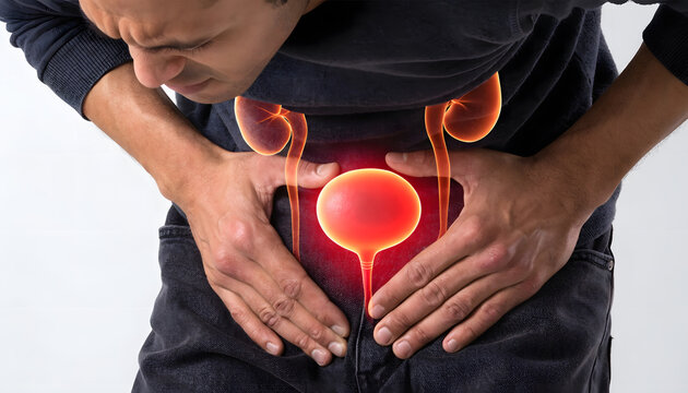 Lower abdominal pain and urinary bladder infection. Male urology disorder and prostate inflammation. Man bending over clutching painful groin with illuminated bladder system