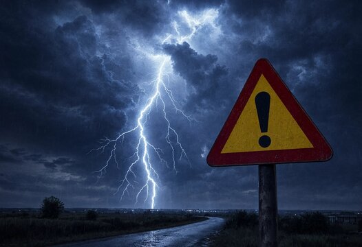 A dramatic landscape featuring a powerful lightning bolt striking near a yellow road warning sign during a heavy thunderstorm at night