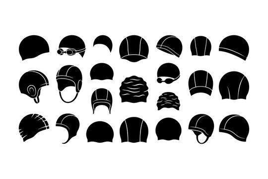 Collection of vintage racing helmets silhouettes in black on white background.