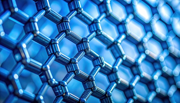 Abstract blue graphene hexagonal molecular grid structure.