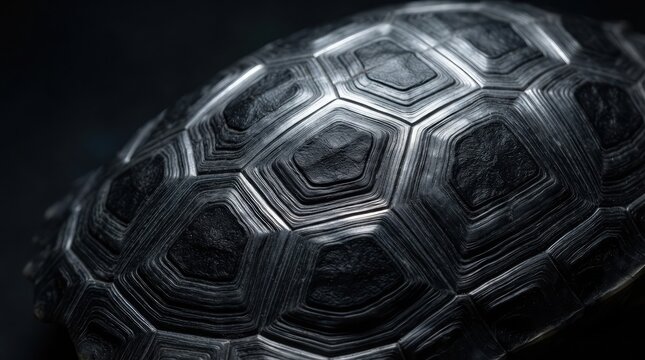 Detailed macro view of a dark metallic tortoise shell featuring geometric hexagonal patterns and intricate textured scales in low light conditions