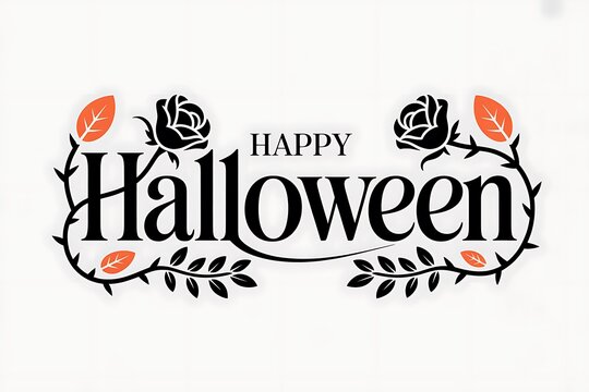 Elegant happy halloween typography design with decorative black roses and orange leaves on a white background