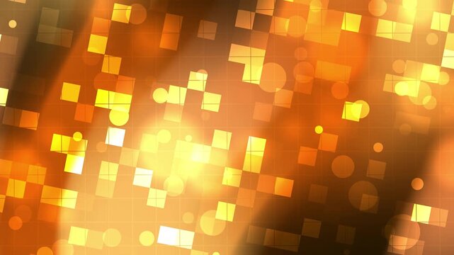Bright golden geometric patterns squares circles light bokeh blurred orange gradient texture.