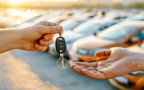 Two hands exchanging car key on blurred street background