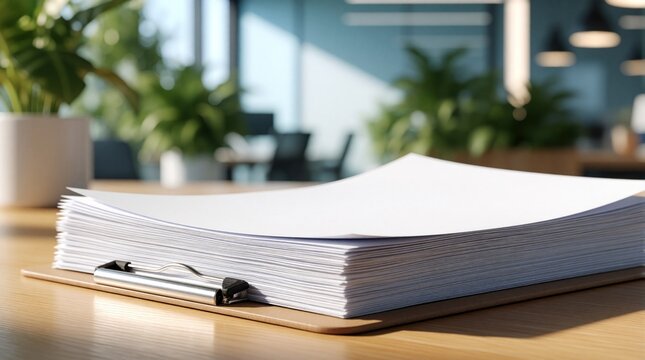 Close up of stack of blank white papers on clipboard. Documents lie on wooden desk in modern bright office. Minimalist workspace with green plants, blurred background. Clean stationery for business
