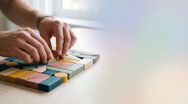 Hands assembling a colorful wooden puzzle, promoting creativity and cognitive development