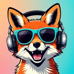 Fototapeta premium Happy fox wearing sunglasses and headphones. Stylized cartoon animal listens to music, enjoys life on colorful gradient background. Cool character with trendy accessories.