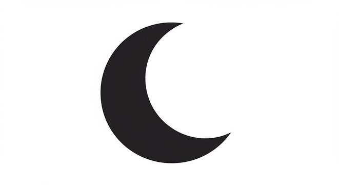Crescent Moon Symbol: A minimalist graphic of a black crescent moon against a clean white background, representing night, mystery, and celestial wonder.