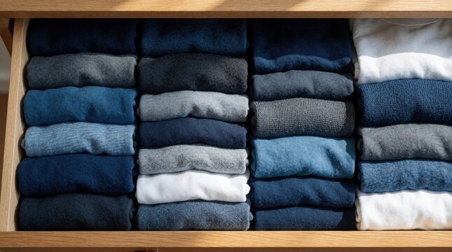 Organized drawer with neatly folded clothes in shades of blue and grey. Textile items are stacked tidily inside a wooden compartment. Home interior shows neatness and order.