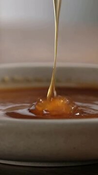 Vertical video: Lifting metal spoon, amber syrup stretching from ramekin to form falling ribbon