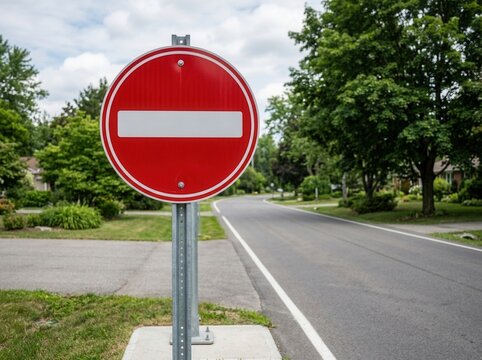 Red No Entry Sign On A Quiet Residential Street With Greenery