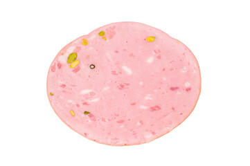 Mortadella Bolognese sausage slices with pistachios isolated on white background. top view © Mironov